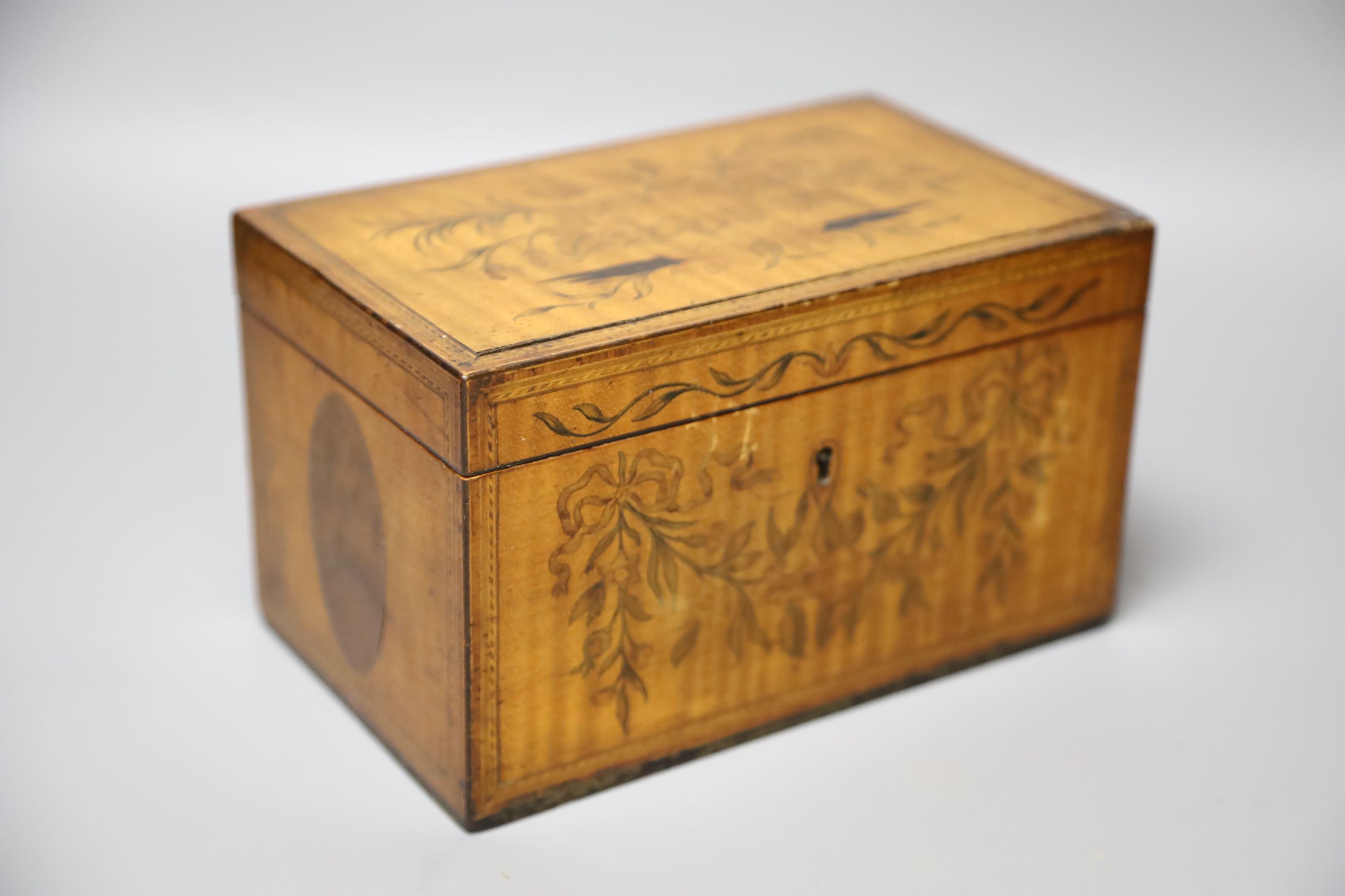 A George III harewood and marquetry tea caddy, c.1810,